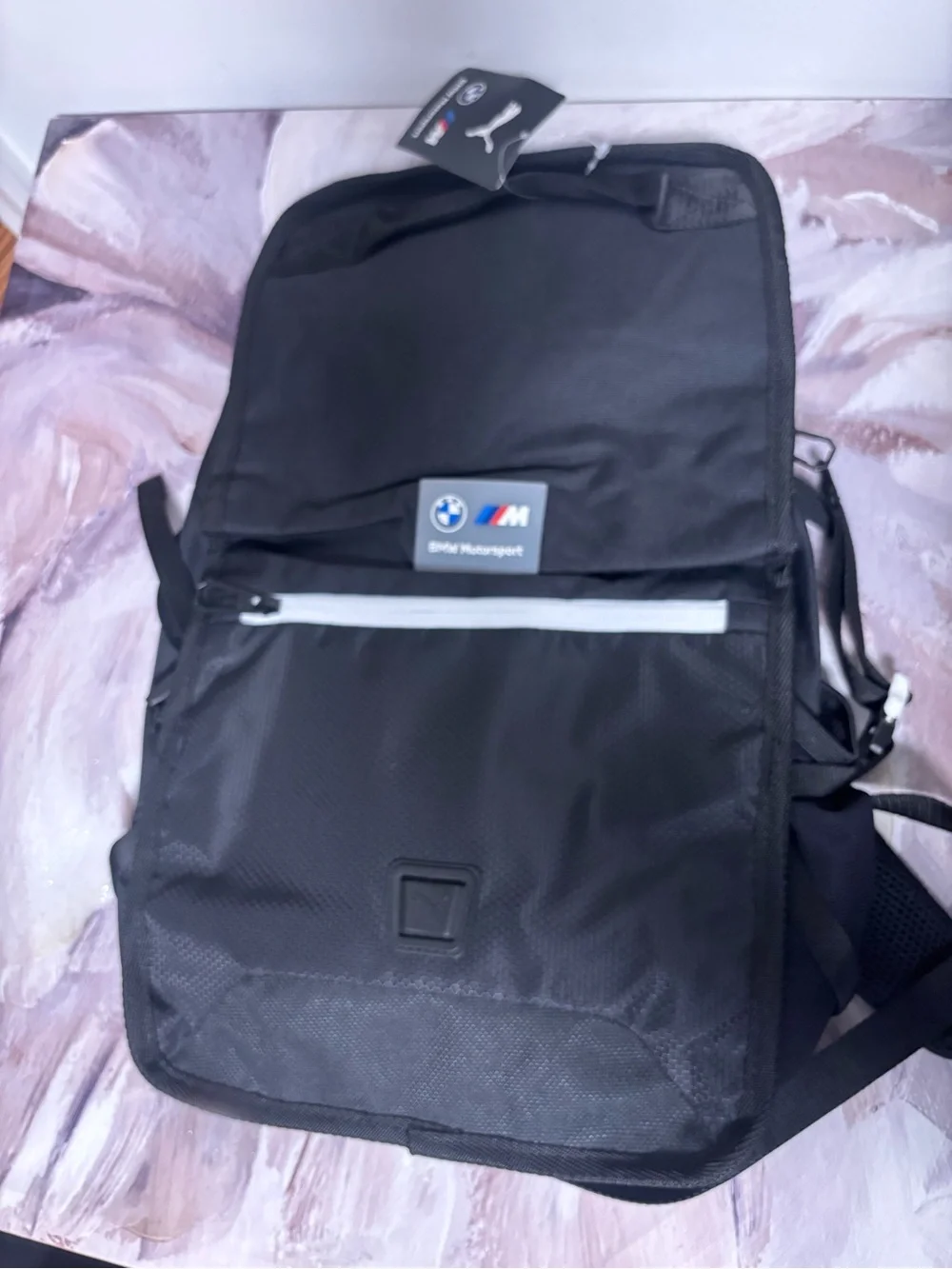BMW Black Backpack with White Zipper Accent